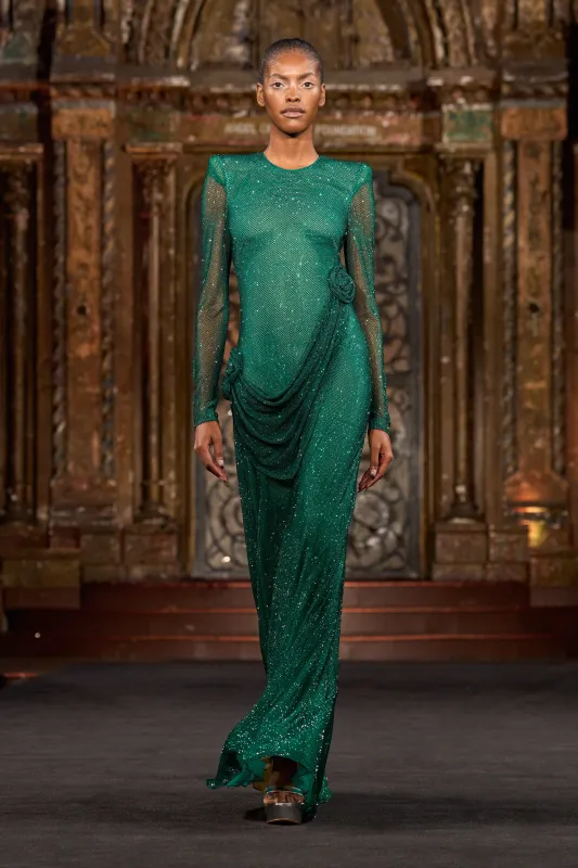 CRYSTAL MESH JEWEL NECK LONG SLEEVE GOWN sold by Naeem Khan