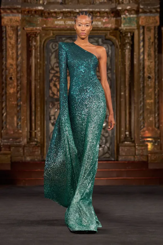 OMBRE STRETCH SEQUIN ONE SHOULDER CASCADING SLEEVE GOWN sold by Naeem Khan