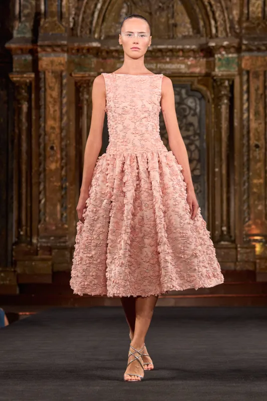 BOAT NECK DROP WAIST GATHERED TEA-LENGTH DRESS made by Naeem Khan