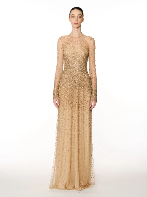 OMBRE BEADED JEWEL NECK LONG SLEEVE GOWN sold by Naeem Khan