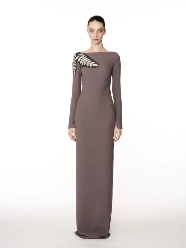 BOAT NECK LONG SLEEVE GOWN WITH LEAF APPLIQUE sold by Naeem Khan