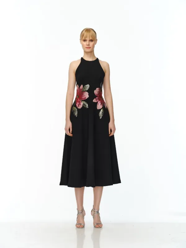 HALTER NECK SLEEVELESS TEA-LENGTH DRESS made by Naeem Khan