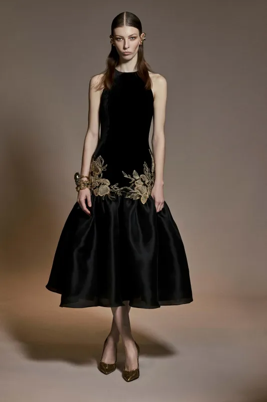HALTER DROP WAIST DRESS WITH FLORAL APPLIQUE made by Naeem Khan