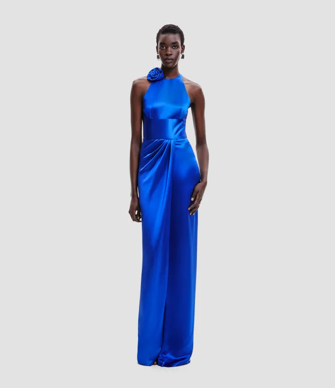 SATIN HALTER DRAPED GOWN WITH FLOWER sold by Naeem Khan
