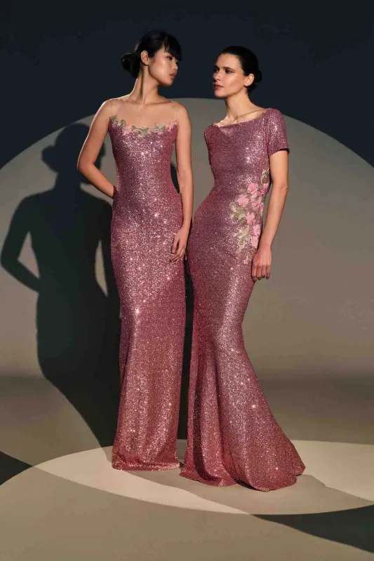 ILLUSION NECKLINE STRETCH SEQUIN SLEEVELESS GOWN made by Naeem Khan