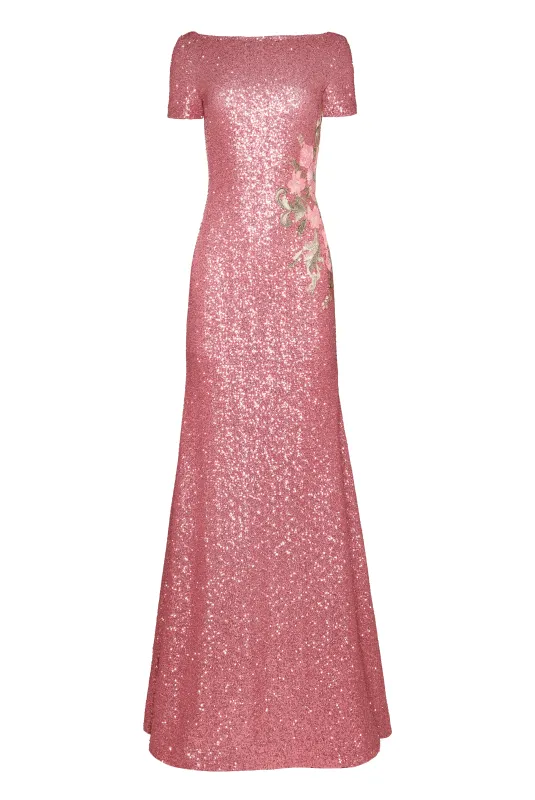 SEQUIN FLORAL SHORT SLEEVE GOWN made by Naeem Khan