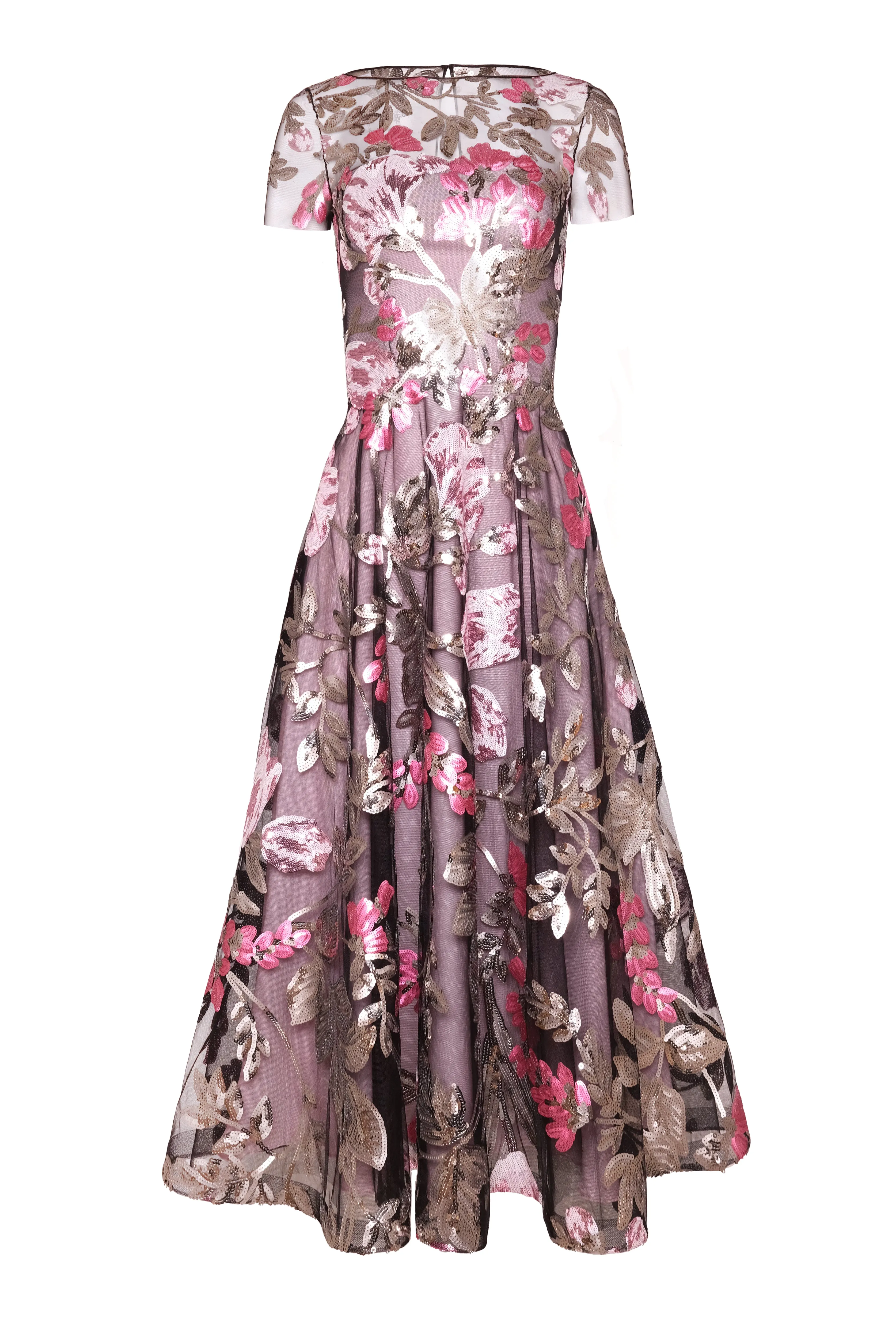 SEQUIN FLORAL SHORT SLEEVE TEA LENGTH DRESS sold by Naeem Khan product image thumbnail 2