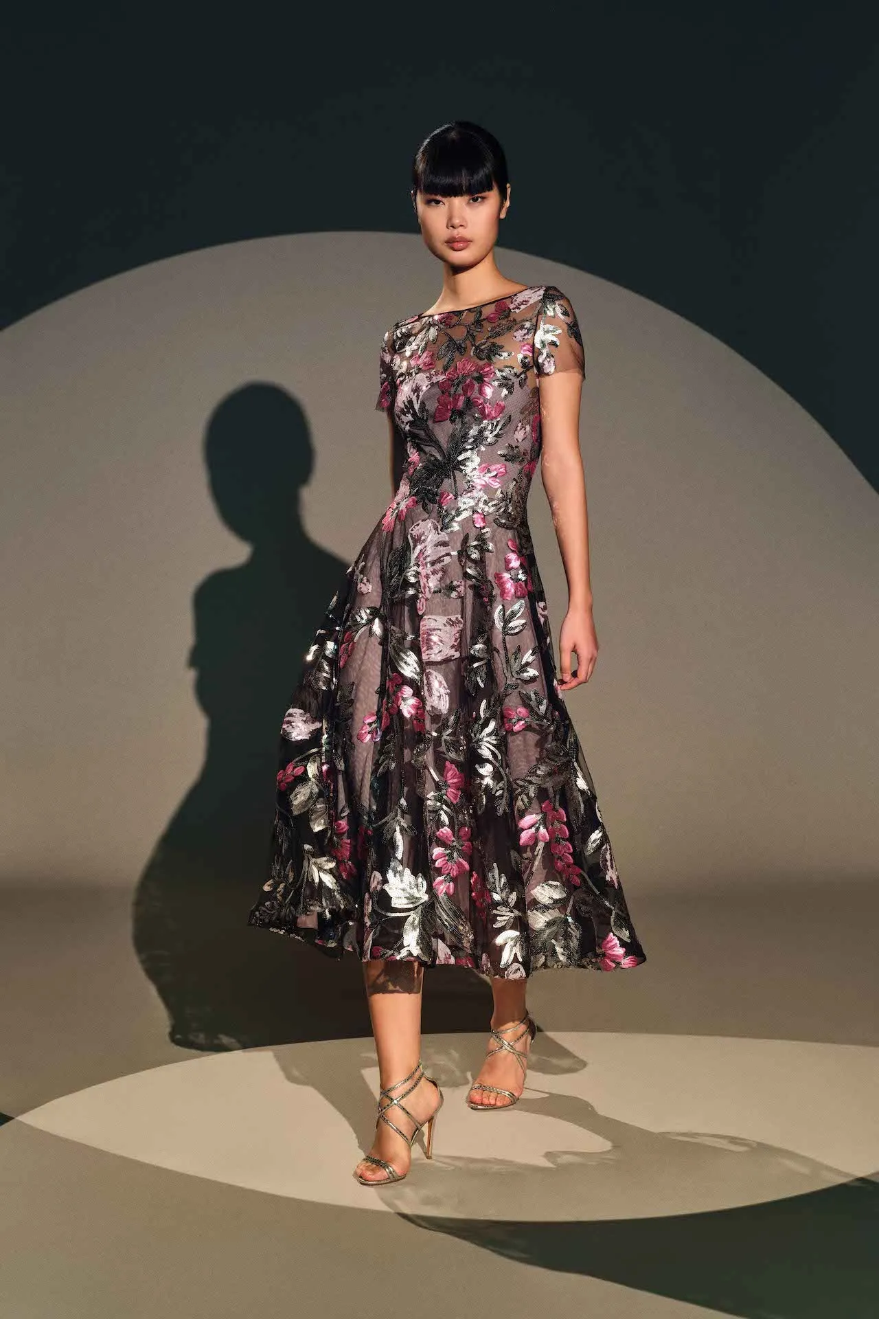 SEQUIN FLORAL SHORT SLEEVE TEA LENGTH DRESS sold by Naeem Khan