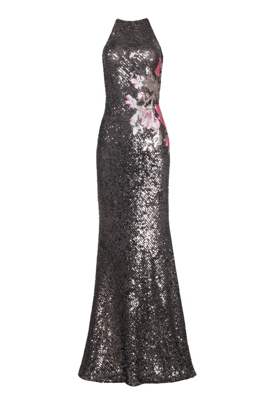 FLORAL APPLIQUE STRETCH SEQUIN HALTER GOWN made by Naeem Khan