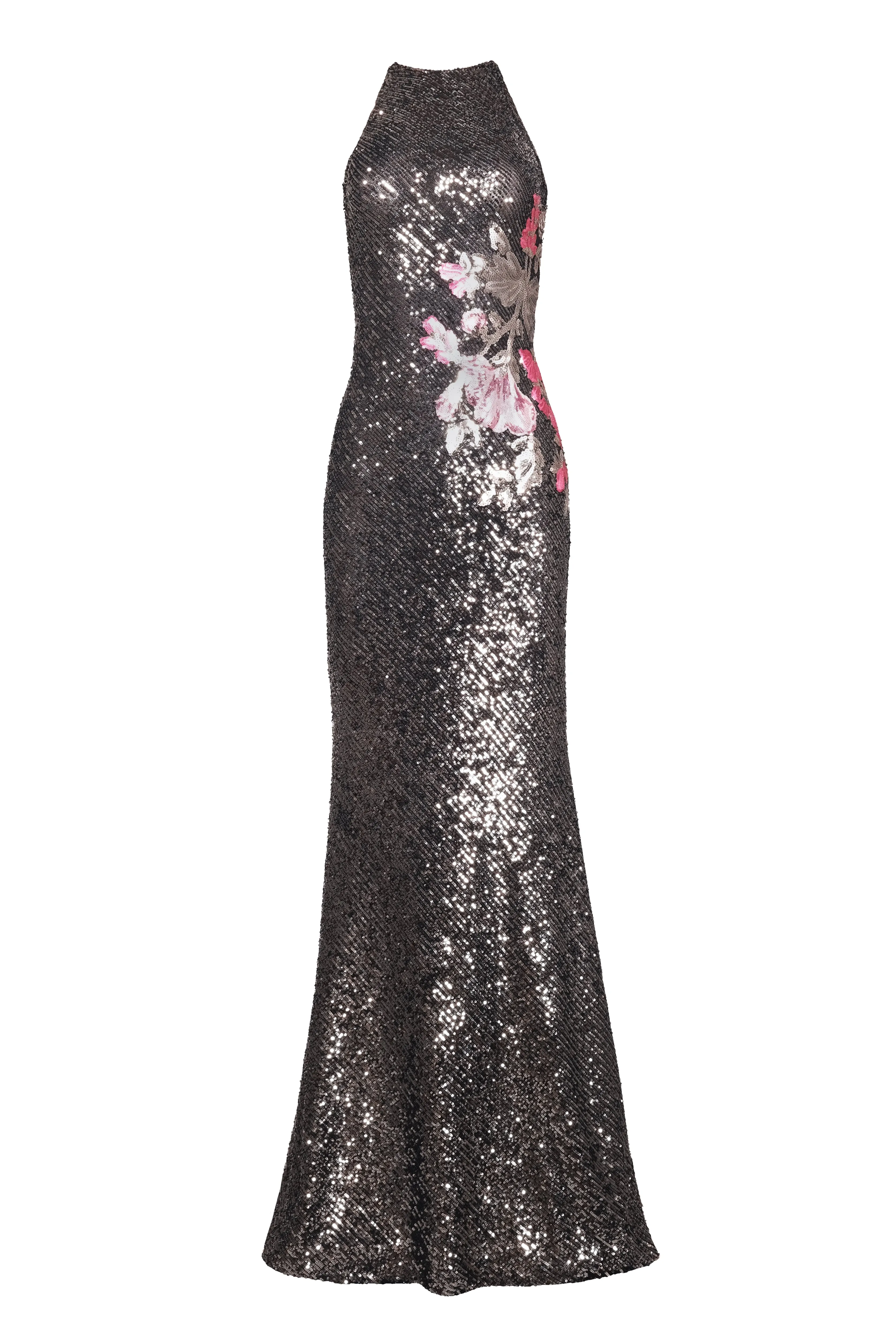 FLORAL APPLIQUE STRETCH SEQUIN HALTER GOWN sold by Naeem Khan