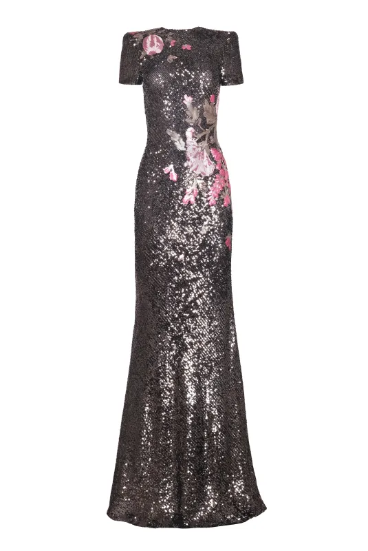 FLORAL APPLIQUE STRETCH SEQUIN CAP SLEEVE GOWN made by Naeem Khan