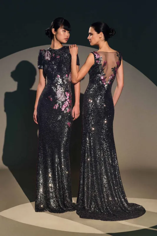 FLORAL APPLIQUE STRETCH SEQUIN V-NECK GOWN made by Naeem Khan