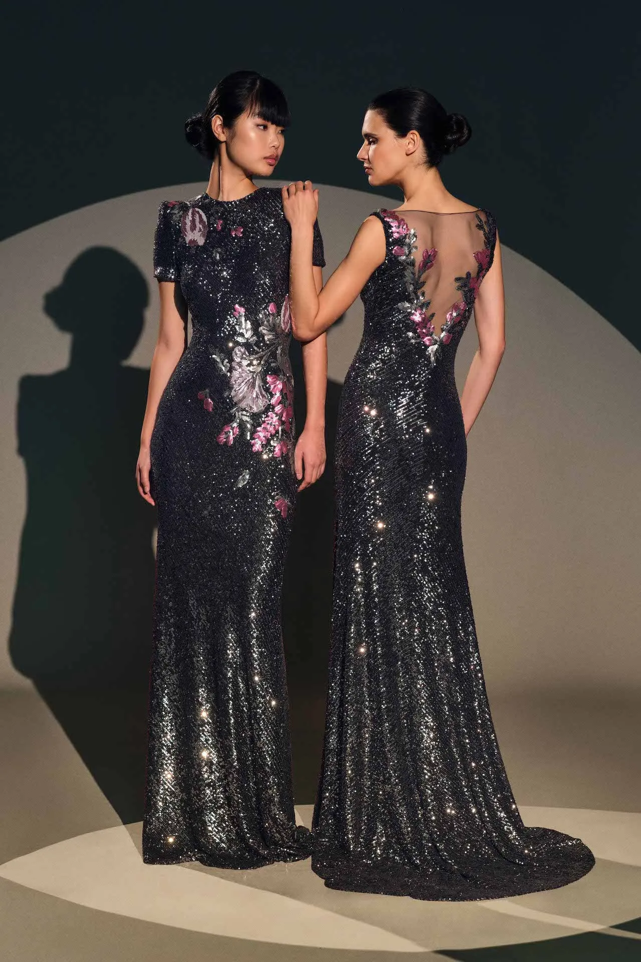 FLORAL APPLIQUE STRETCH SEQUIN V-NECK GOWN sold by Naeem Khan