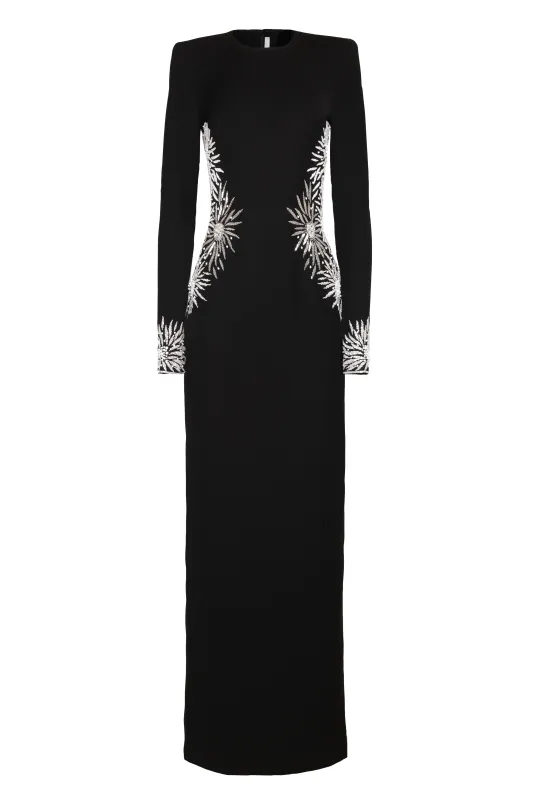 EMBELLISHED WAIST LONG SLEEVE COLUMN GOWN made by Naeem Khan