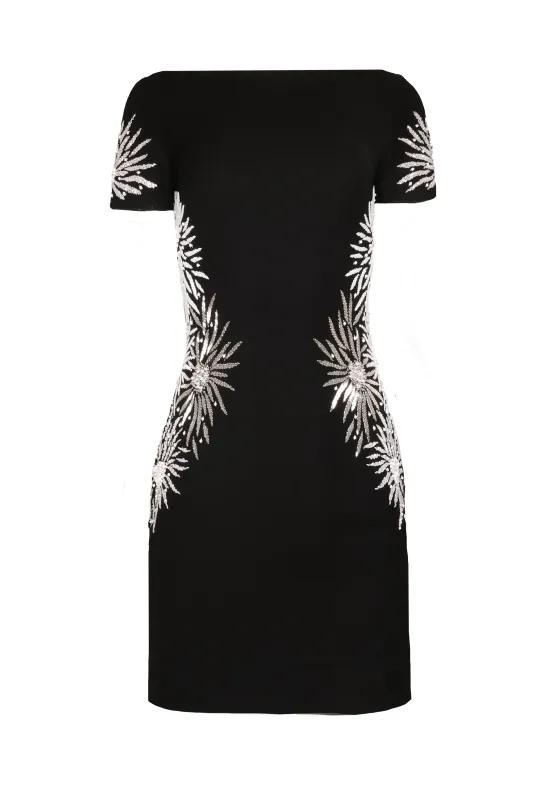 EMBELLISHED BOATNECK CAP SLEEVE CREPE KNEE-LENGTH DRESS made by Naeem Khan