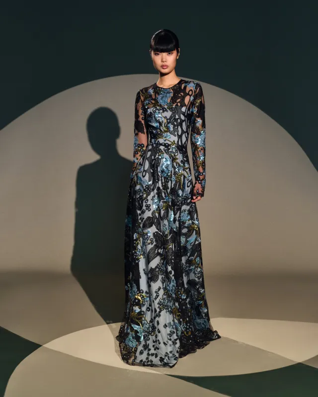 ABSTRACT SEQUIN LACE FLORAL LONG SLEEVE GOWN made by Naeem Khan
