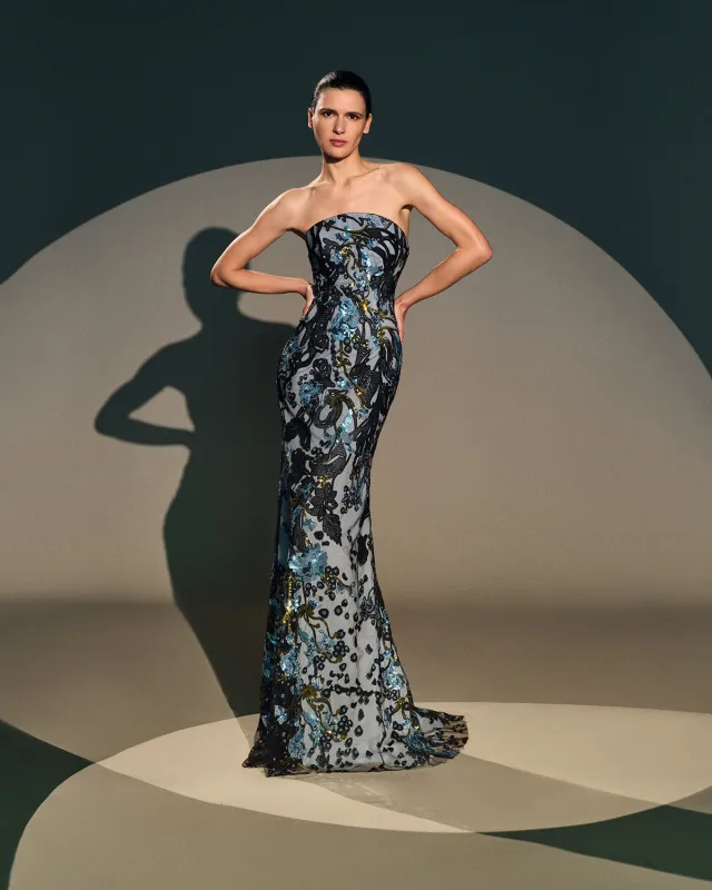 ABSTRACT SEQUIN LACE FLORAL STRAPLESS FIT-AND-FLARE GOWN made by Naeem Khan