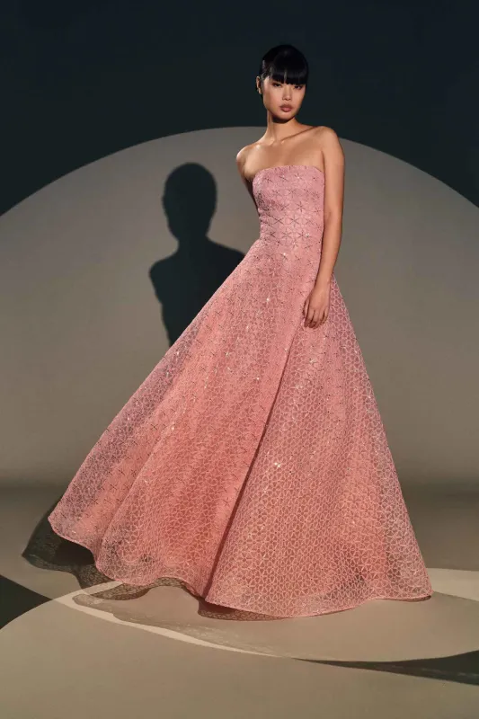 FLORAL CORDING STRAPLESS GOWN made by Naeem Khan