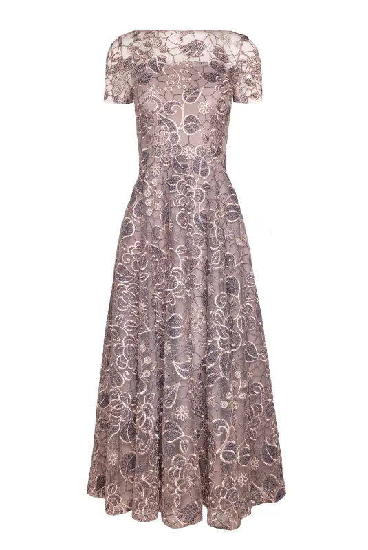 METALLIC LACE BOATNECK TEA-LENGTH DRESS made by Naeem Khan
