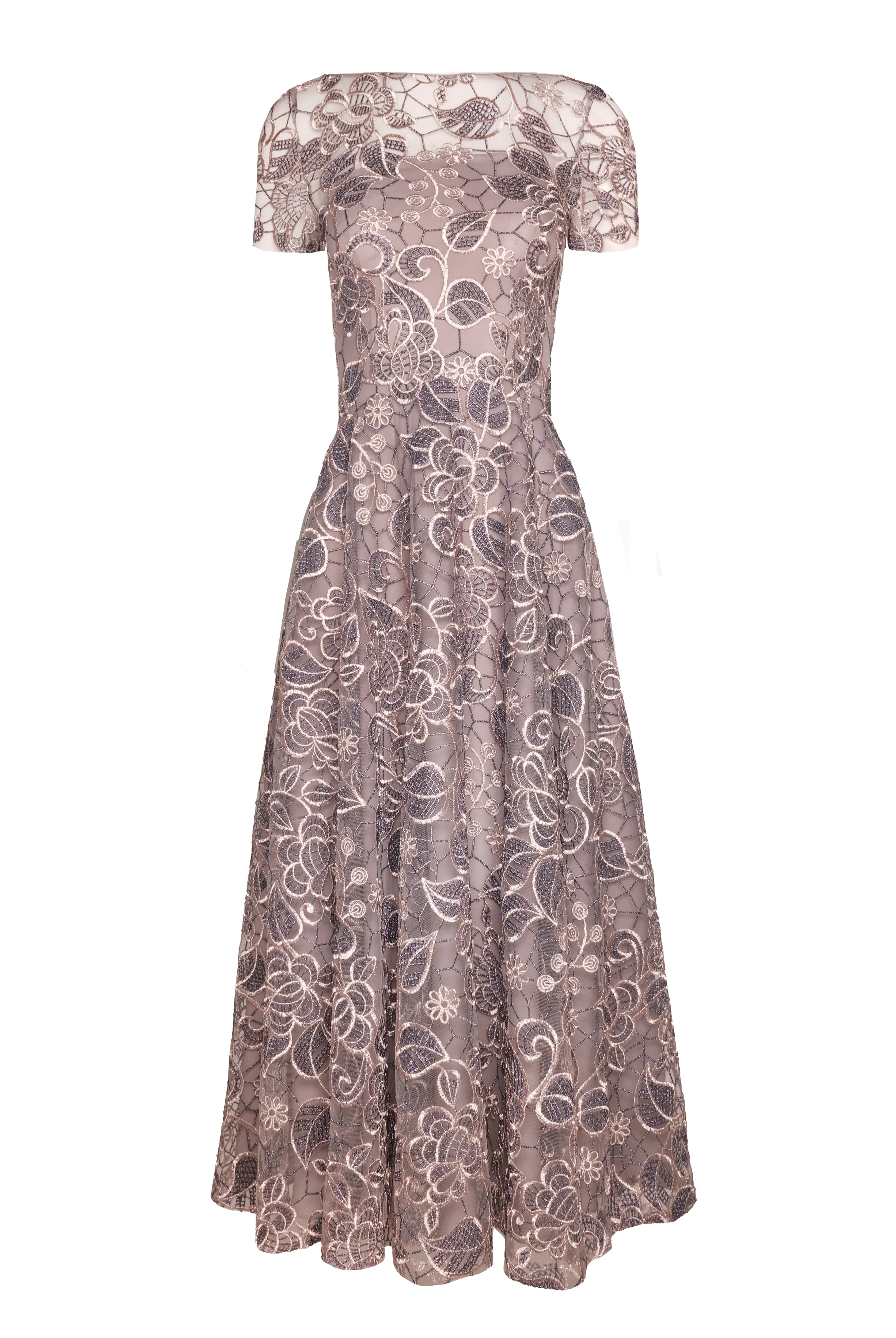 METALLIC LACE BOATNECK TEA-LENGTH DRESS sold by Naeem Khan