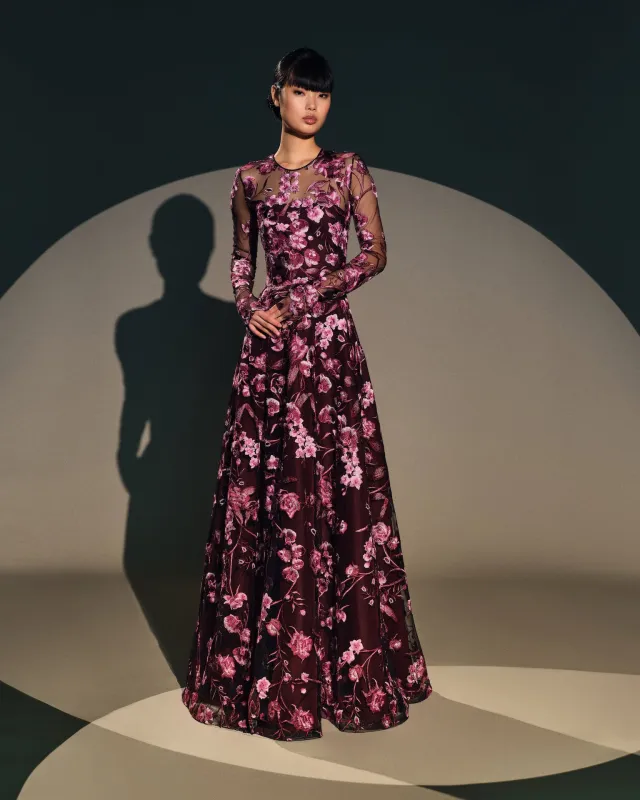 FLORAL JEWEL NECK LONG SLEEVE GOWN made by Naeem Khan