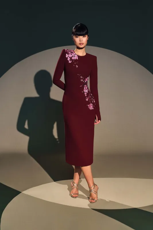 CREPE FLORAL APPLIQUE LONG SLEEVE TEA-LENGTH DRESS made by Naeem Khan