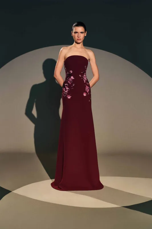 CREPE FLORAL APPLIQUE STRAPLESS FIT-AND-FLARE GOWN made by Naeem Khan