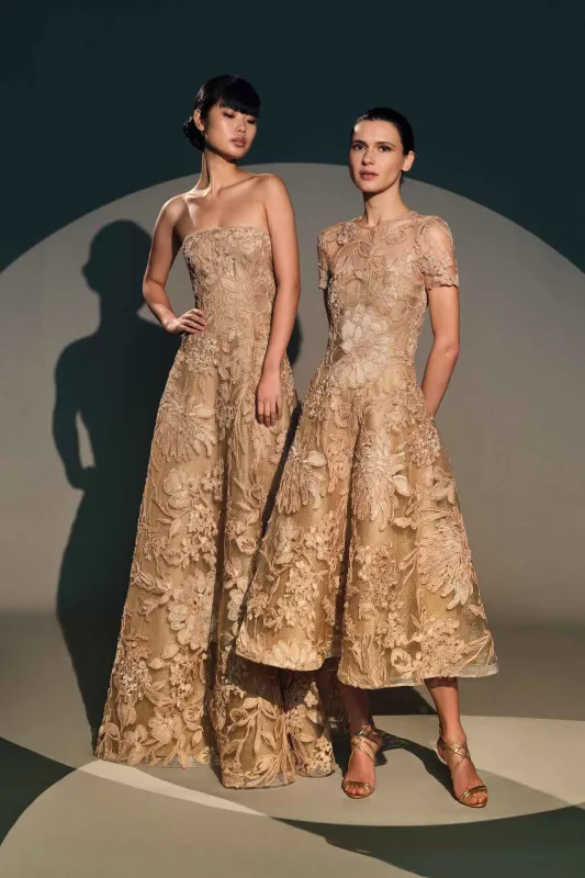 FLORAL RAFFIA CAP SLEEVE TEA-LENGTH DRESS sold by Naeem Khan