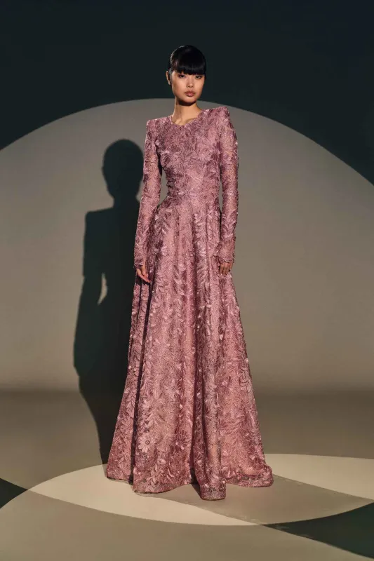 METALLIC LACE LONG SLEEVE GOWN made by Naeem Khan