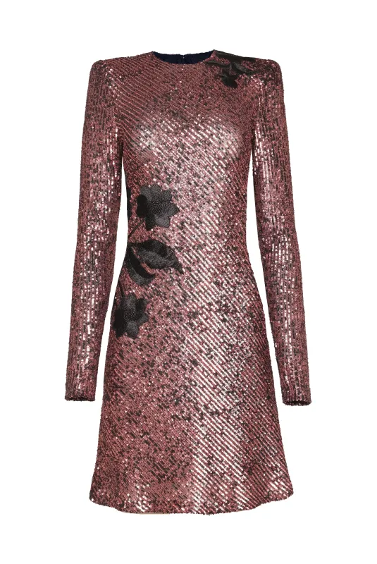 FLORAL APPLIQUE LONG SLEEVE STRETCH SEQUIN DRESS made by Naeem Khan