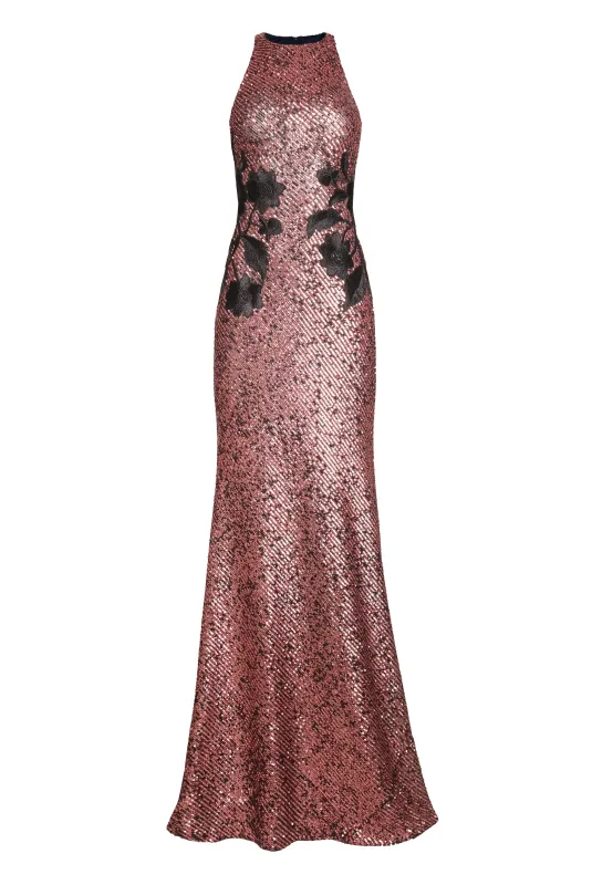 FLORAL APPLIQUE STRETCH SEQUIN HALTER NECK GOWN made by Naeem Khan