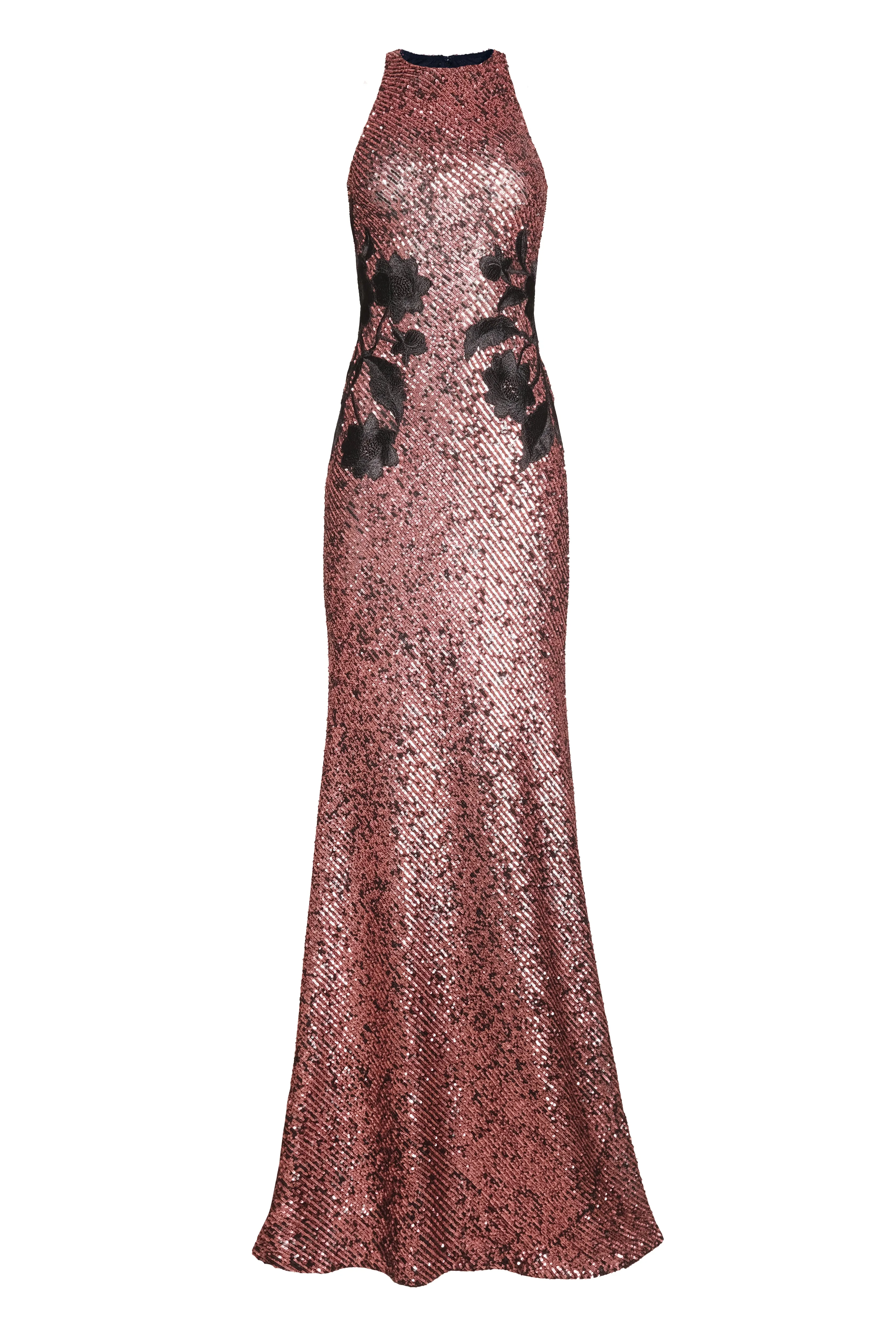 FLORAL APPLIQUE STRETCH SEQUIN HALTER NECK GOWN sold by Naeem Khan