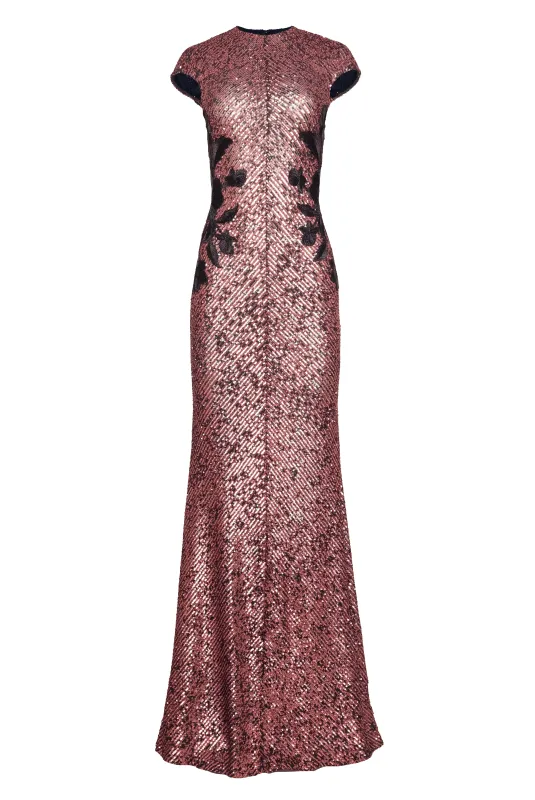 FLORAL APPLIQUE STRETCH SHORT SLEEVES SEQUIN GOWN made by Naeem Khan