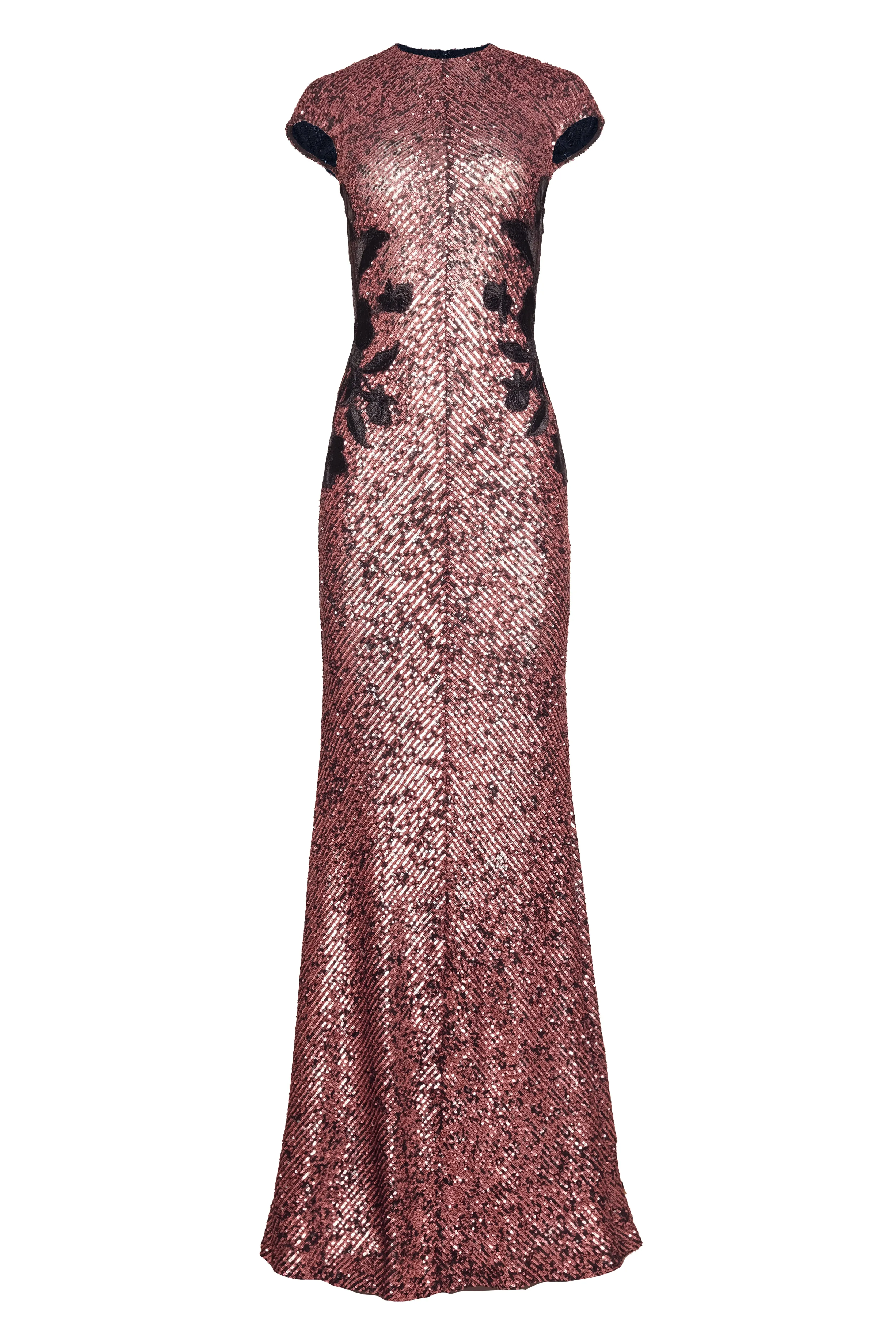 FLORAL APPLIQUE STRETCH SHORT SLEEVES SEQUIN GOWN sold by Naeem Khan
