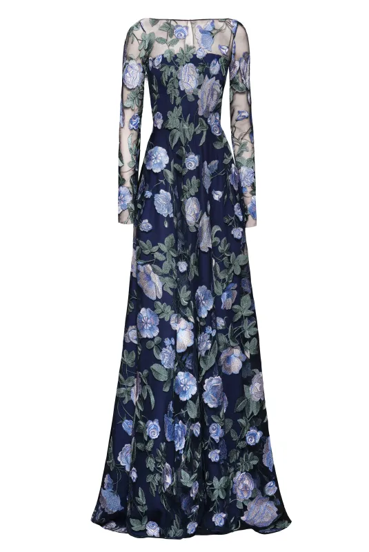 FLOWER LACE ILLUSION NECKLINE LONG SLEEVE GOWN made by Naeem Khan