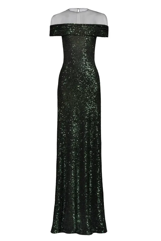 OFF-SHOULDER ILLUSION NECKLINE STRETCH SEQUIN GOWN made by Naeem Khan