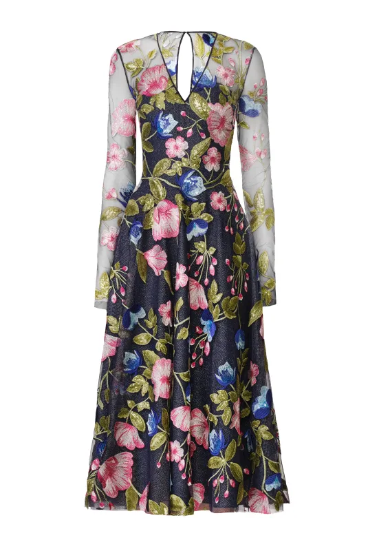 SEQUIN FLORAL LACE V-NECK LONG SLEEVE COCKTAIL DRESS made by Naeem Khan
