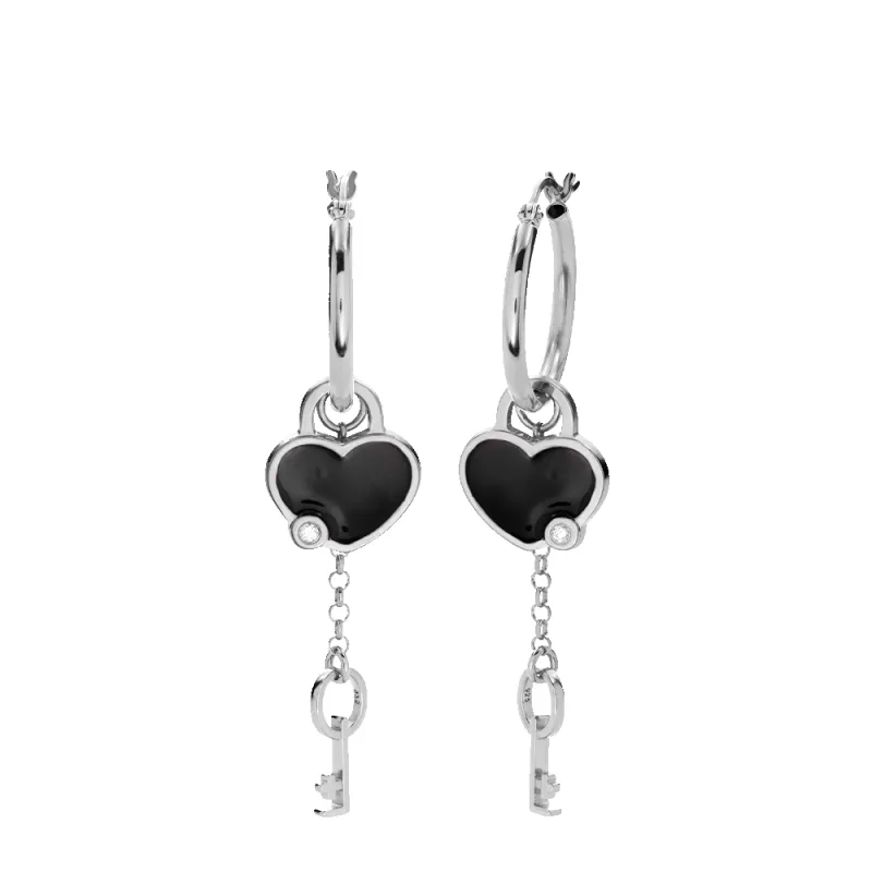 Heart On Lock Hoop Earrings With Diamond - Silver sold by Natasha Zinko