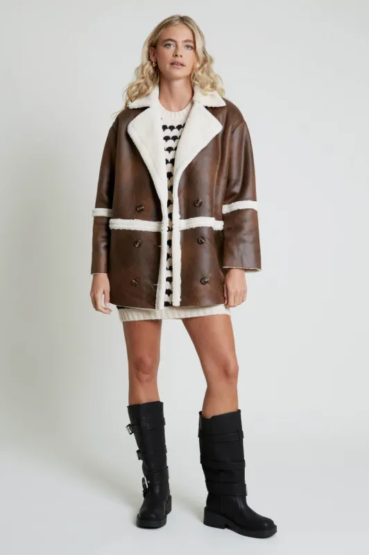 CABOT VINTAGE EFFECT FAUX SHEARLING DOUBLE BREASTED COAT sold by NATIVE YOUTH
