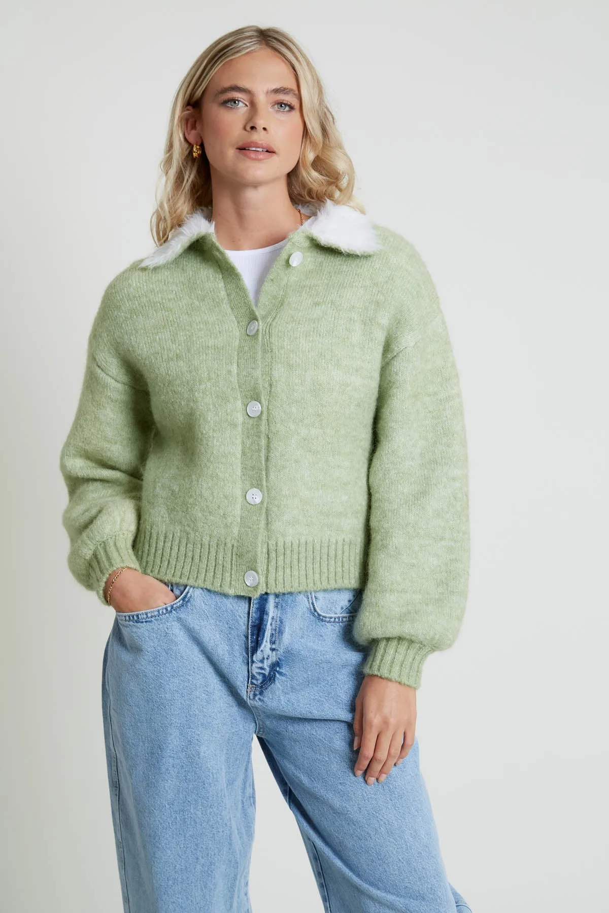 FURTI KNITTED CARDIGAN WITH CONTRAST FLUFFY COLLAR sold by NATIVE YOUTH