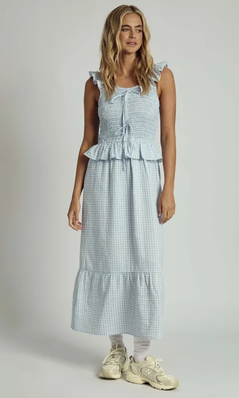 MABEL GINGHAM RUFFLE CHECK MIDI DRESS IN LIGHT BLUE sold by NATIVE YOUTH