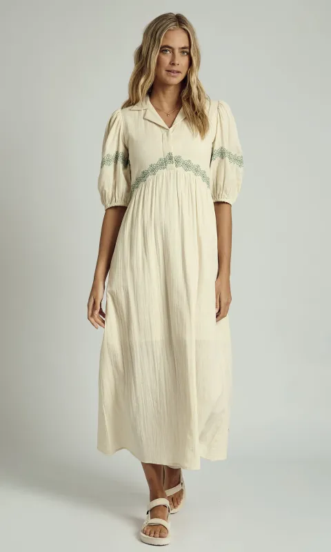 CAMRYN DOUBLE GAUZE EMBROIDERED MIDAXI DRESS sold by NATIVE YOUTH