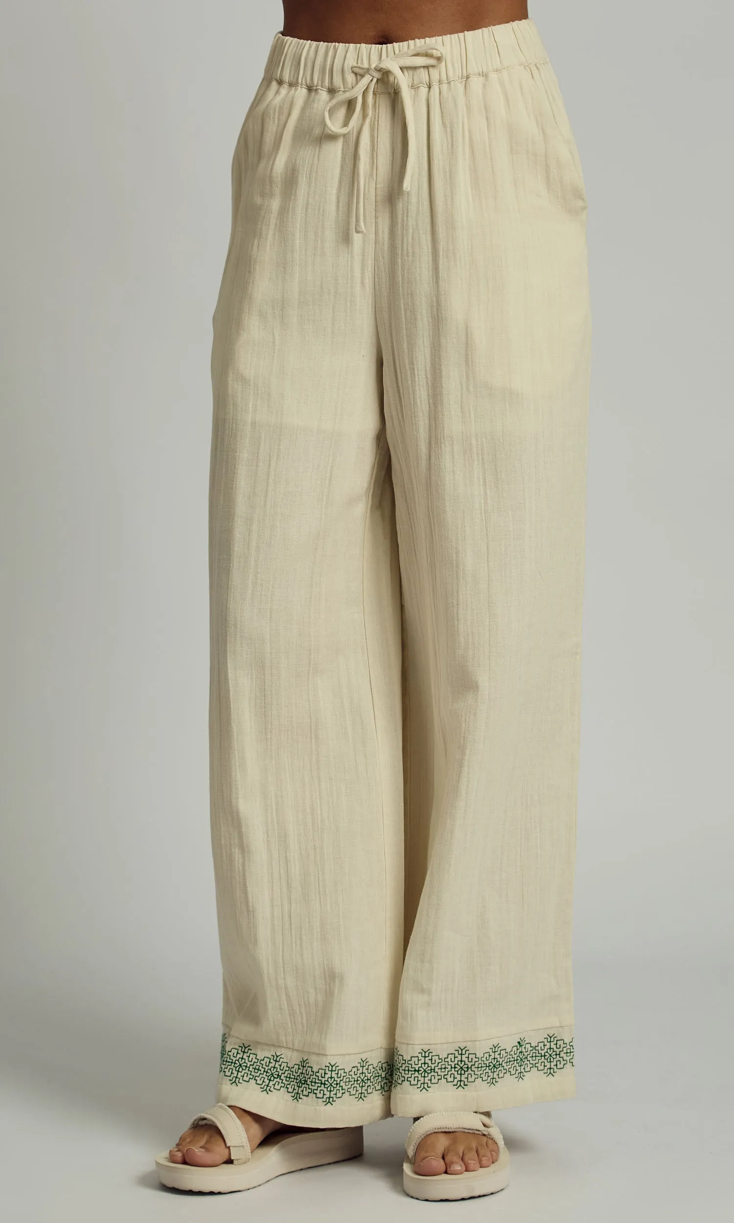 CAMRYN DOUBLE GAUZE EMBROIDERED WIDE LEG TROUSER sold by NATIVE YOUTH