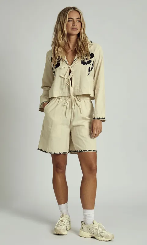 OPAL EMBROIDERED TIE DETAIL SHIRT CO-ORD IN STONE sold by NATIVE YOUTH