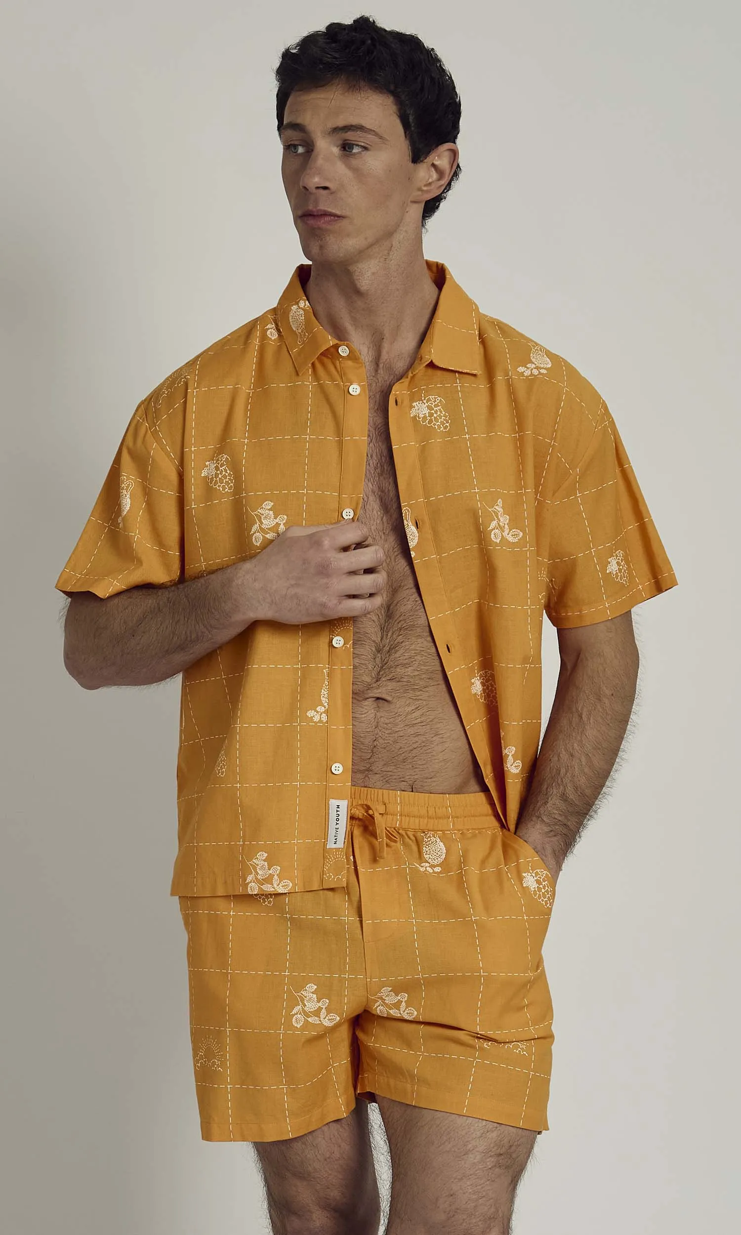 PATCHWORK SOLSTITCHERY PATCHWORK STITCH DETAIL SHIRT IN ORANGE sold by NATIVE YOUTH