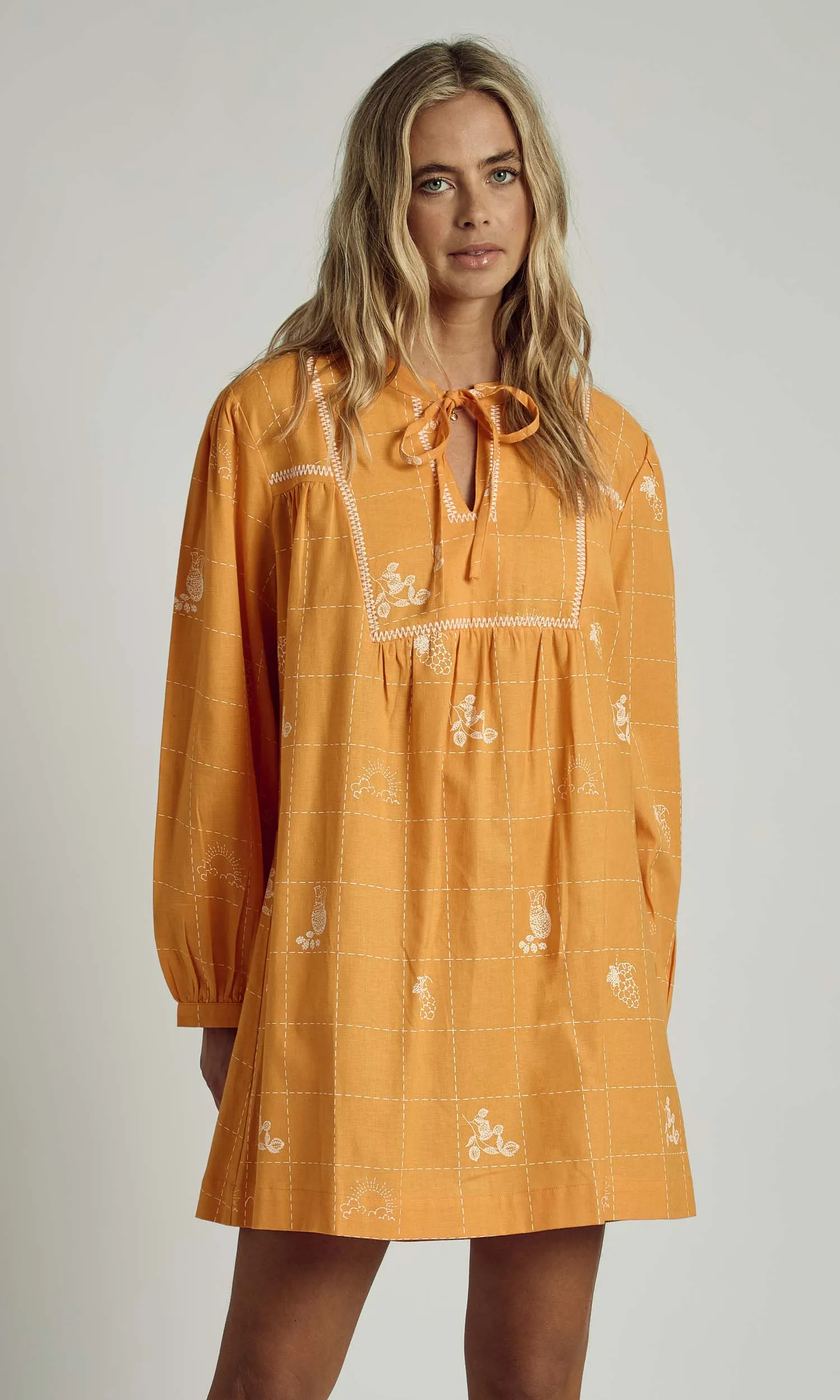 PATCHWORK SOLSTITCHERY MINI SMOCK DRESS IN ORANGE sold by NATIVE YOUTH product image thumbnail 3