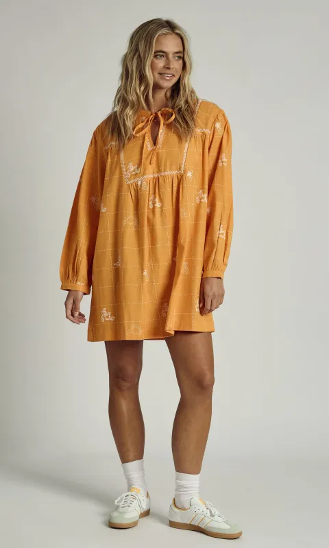 PATCHWORK SOLSTITCHERY MINI SMOCK DRESS IN ORANGE sold by NATIVE YOUTH