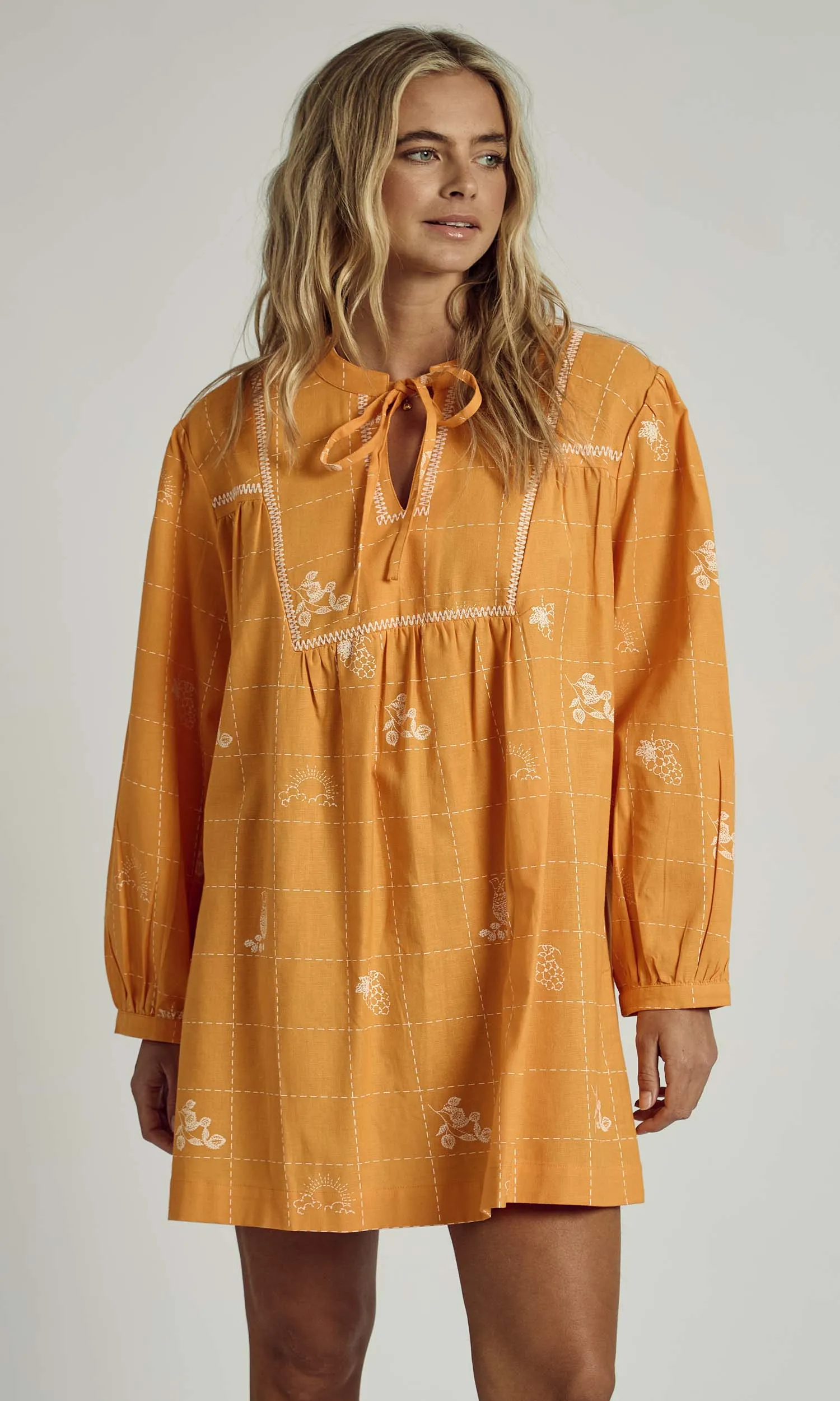 PATCHWORK SOLSTITCHERY MINI SMOCK DRESS IN ORANGE sold by NATIVE YOUTH product image thumbnail 2
