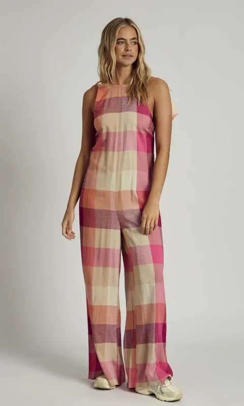 ALMA HALTER NECK CHECK JUMPSUIT IN PINK MULTI sold by NATIVE YOUTH