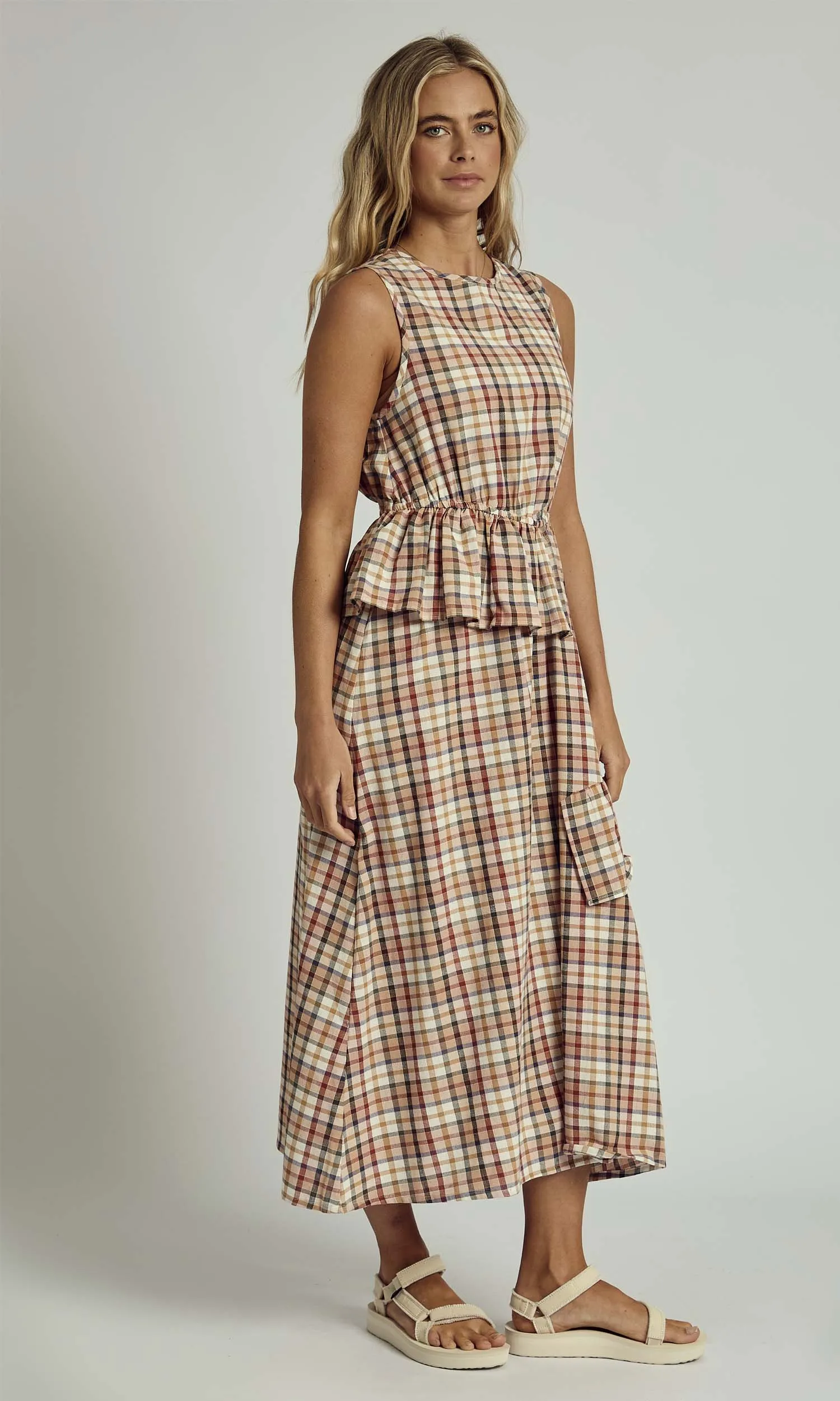 LEONA RUFFLE CHECK MIDI DRESS IN MULTI sold by NATIVE YOUTH product image thumbnail 2